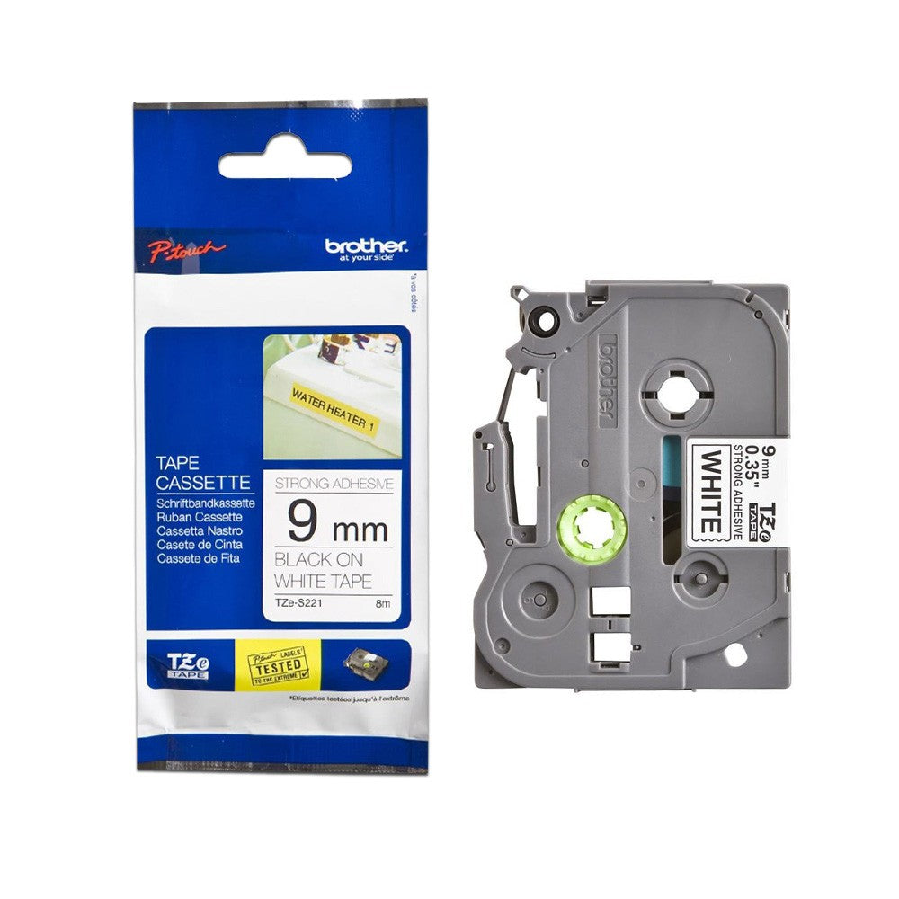 Brother 9mm 原廠超黏性護貝標籤帶 TZe-S221 / TZ-S221 白底黑字 -長度8M