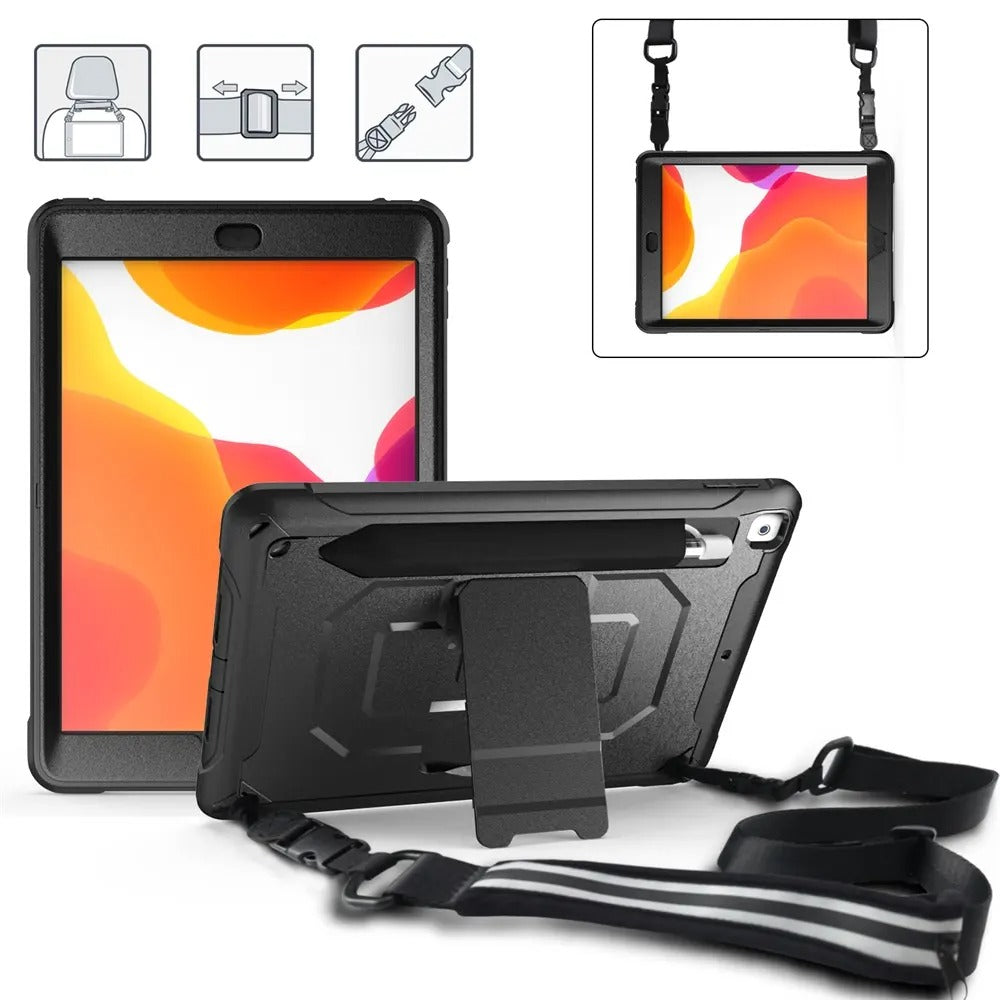 2018 iPad three-proof protective case suitable for 10.2 9.7 PC stand pen slot strap style anti-fall case