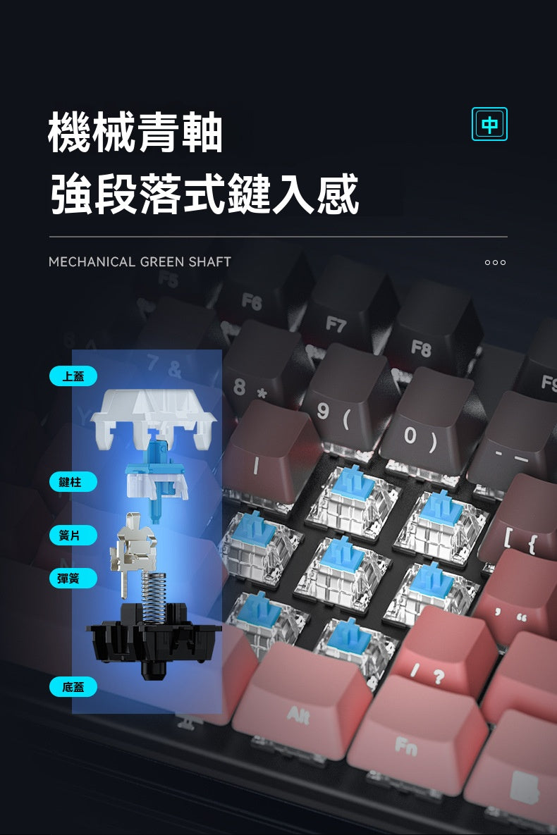 Sangee SKU910 帶有手託的真機械鍵盤，採用有線連接，適用於電競遊戲場景，具備炫彩漸變色效果，帶有旋鈕，並且是側刻鍵設計
