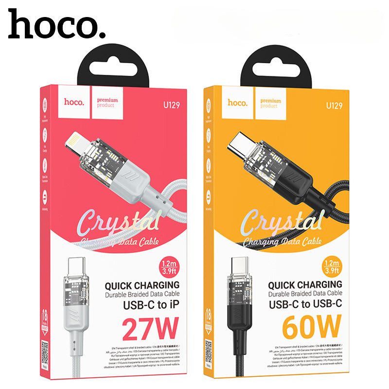 HOCO U129 transparent 60W mobile phone fast charging cable is suitable for Apple 14/15 Type-C charging data cable