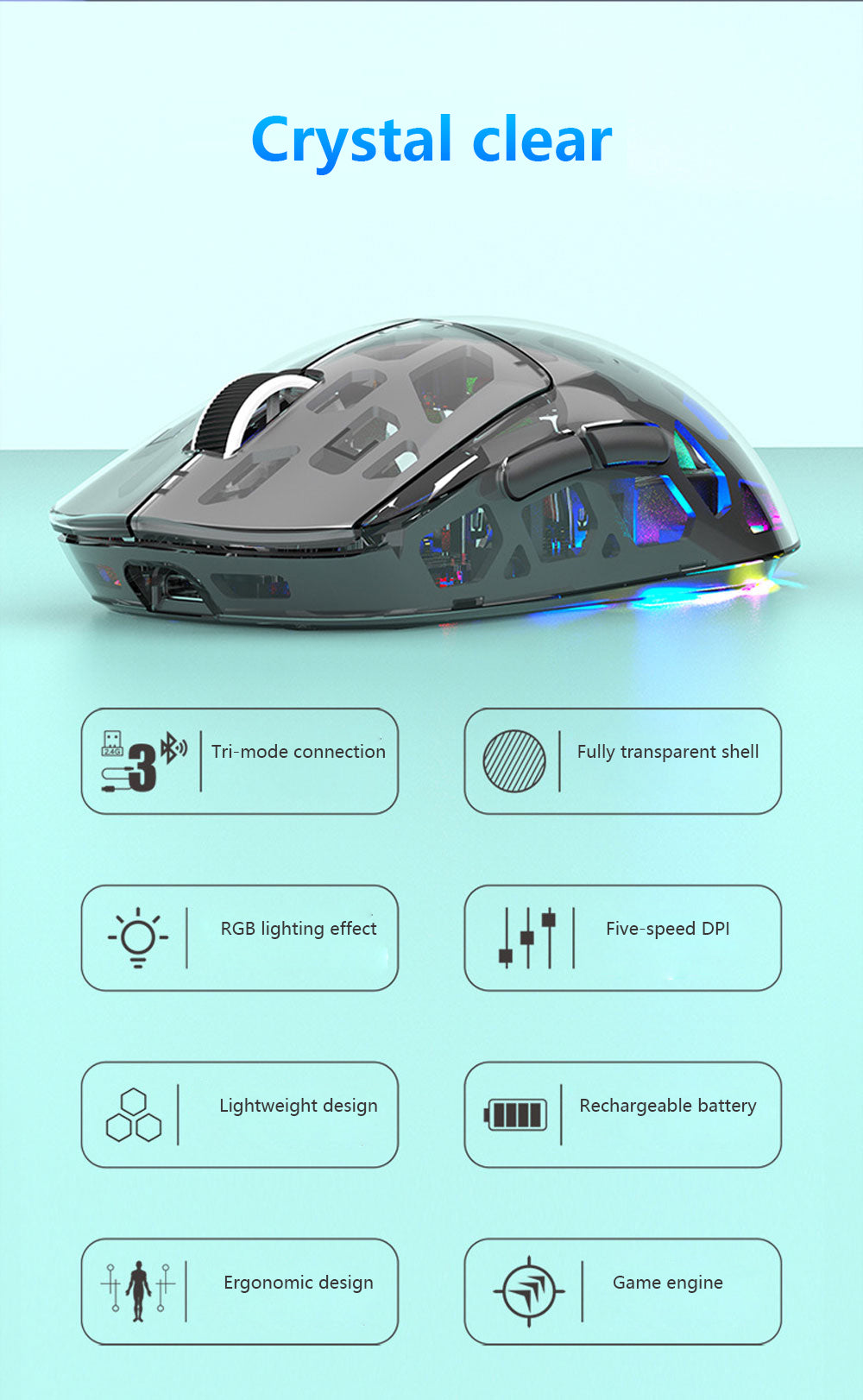 K-Snake BM560 藍牙無線三模鼠標，適用於臺式電腦、筆記本，透明外觀，適合辦公商務場景