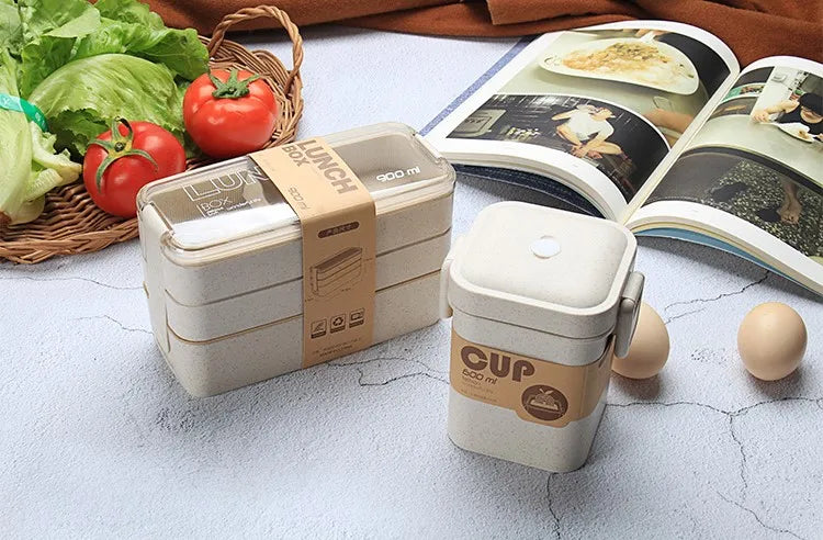 小麥秸稈食品級 3 層便當盒套組 | 900ml&600ml 附餐具