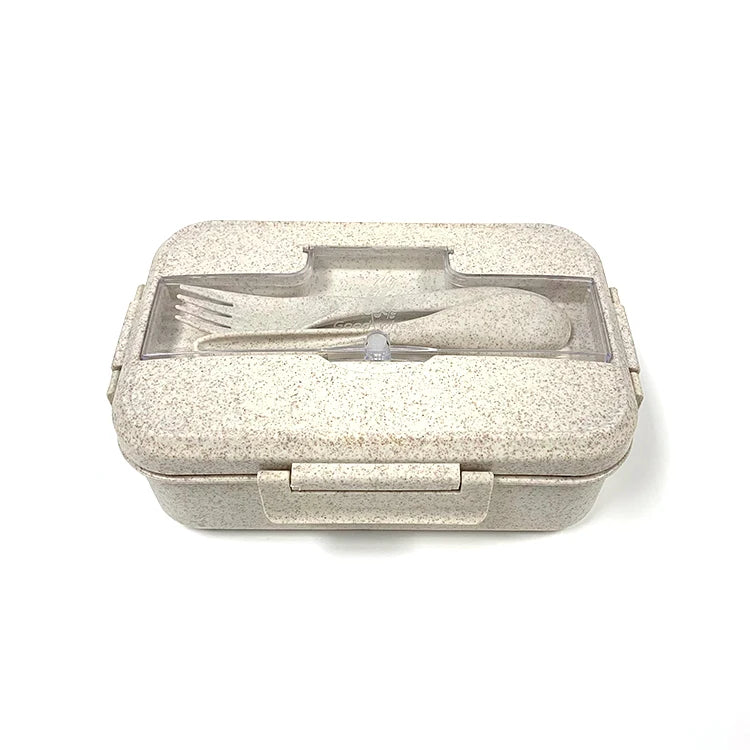 微波爐安全不鏽鋼便當盒 | 三格長方形食品容器 附小麥秸稈可加熱 PP 餐具