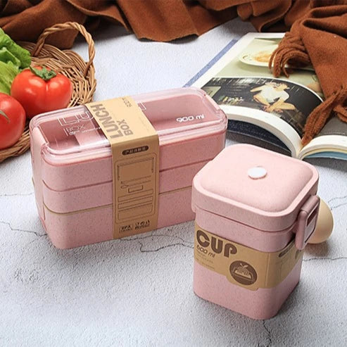 小麥秸稈食品級 3 層便當盒套組 | 900ml&600ml 附餐具