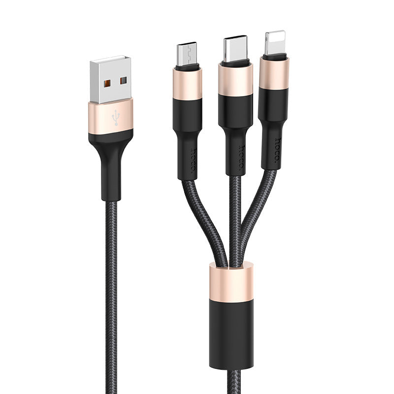 HOCO X26 one-to-three charging data cable three-in-one nylon braided cable durable mobile phone fast charging cable