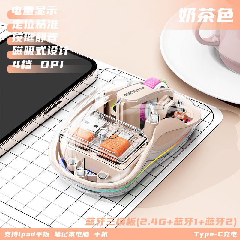 M333新款無線藍牙滑鼠，透明外觀，支援充電，附七彩呼吸燈，適用於平板、筆記本等辦公場景