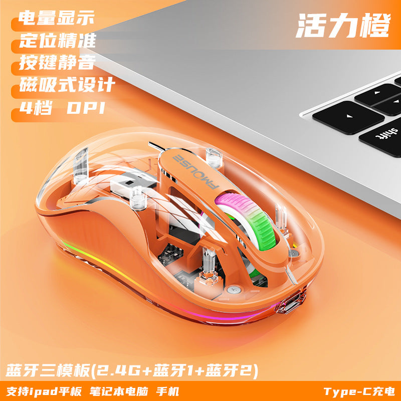 M333新款無線藍牙滑鼠，透明外觀，支援充電，附七彩呼吸燈，適用於平板、筆記本等辦公場景