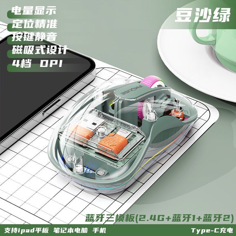 M333新款無線藍牙滑鼠，透明外觀，支援充電，附七彩呼吸燈，適用於平板、筆記本等辦公場景
