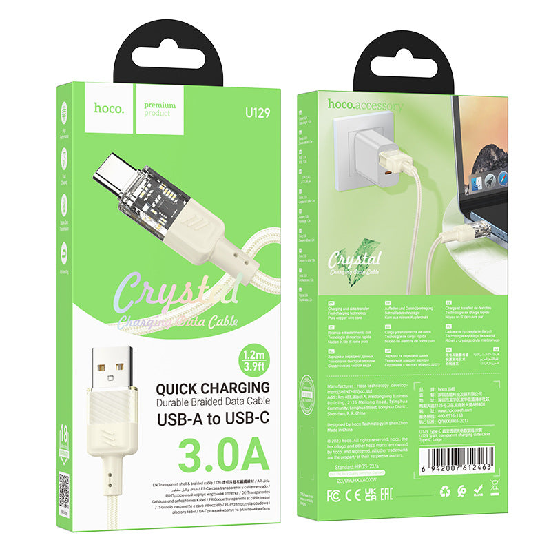 HOCO U129 transparent 60W mobile phone fast charging cable is suitable for Apple 14/15 Type-C charging data cable