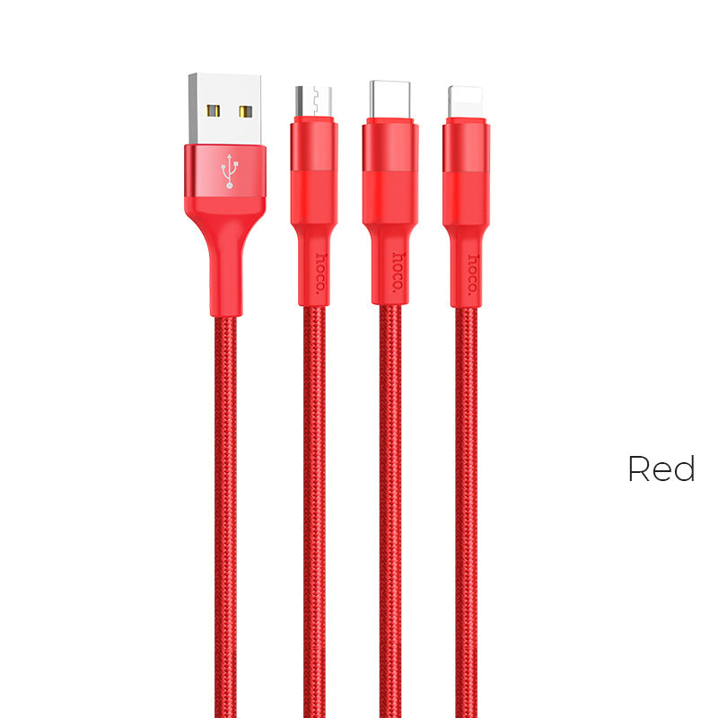 HOCO X26 one-to-three charging data cable three-in-one nylon braided cable durable mobile phone fast charging cable