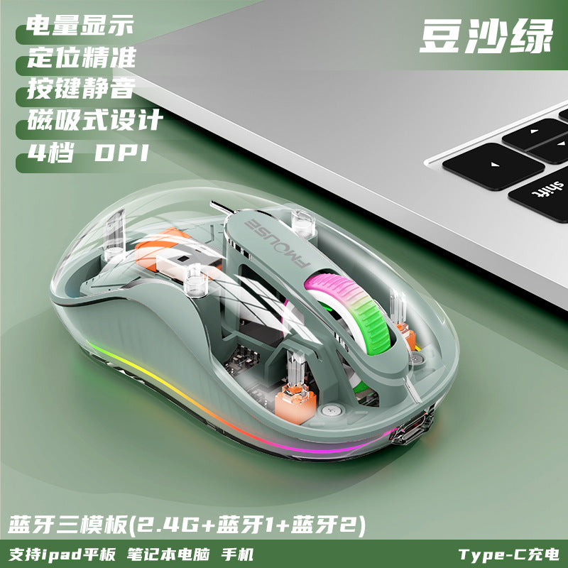 M333新款無線藍牙滑鼠，透明外觀，支援充電，附七彩呼吸燈，適用於平板、筆記本等辦公場景