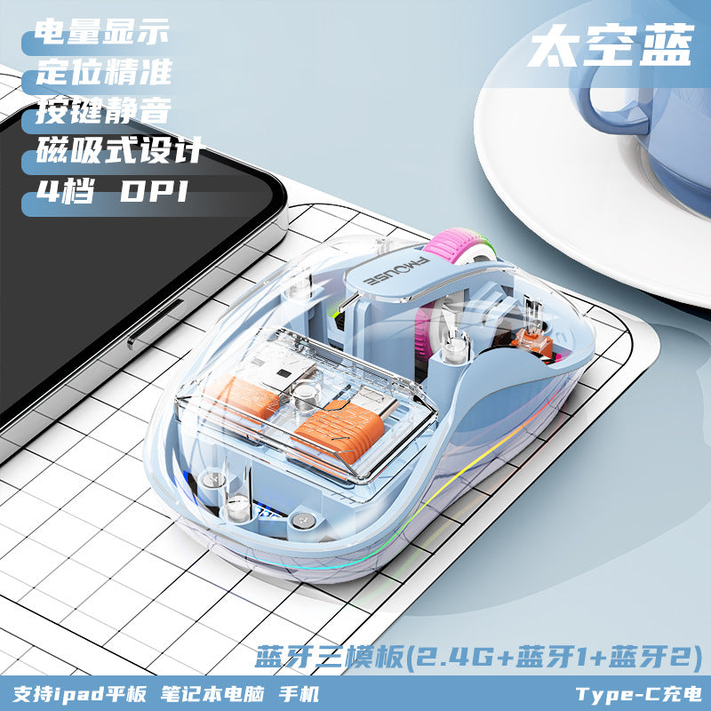 M333新款無線藍牙滑鼠，透明外觀，支援充電，附七彩呼吸燈，適用於平板、筆記本等辦公場景
