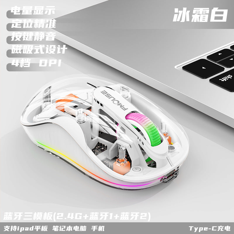 M333新款無線藍牙滑鼠，透明外觀，支援充電，附七彩呼吸燈，適用於平板、筆記本等辦公場景