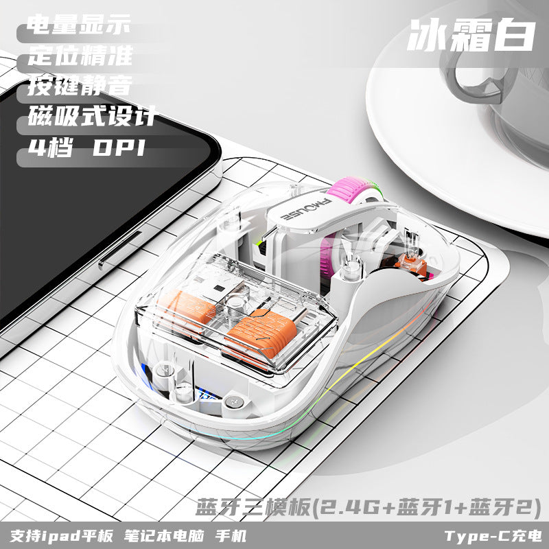 M333新款無線藍牙滑鼠，透明外觀，支援充電，附七彩呼吸燈，適用於平板、筆記本等辦公場景