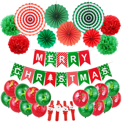 Christmas theme party dovetail pull flag red dark green paper fan flower window ceiling hanging decoration latex balloon (minimum batch of 20 sets)