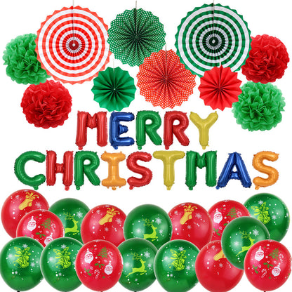 Christmas theme party dovetail pull flag red dark green paper fan flower window ceiling hanging decoration latex balloon (minimum batch of 20 sets)