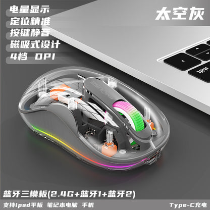 M333新款無線藍牙滑鼠，透明外觀，支援充電，附七彩呼吸燈，適用於平板、筆記本等辦公場景