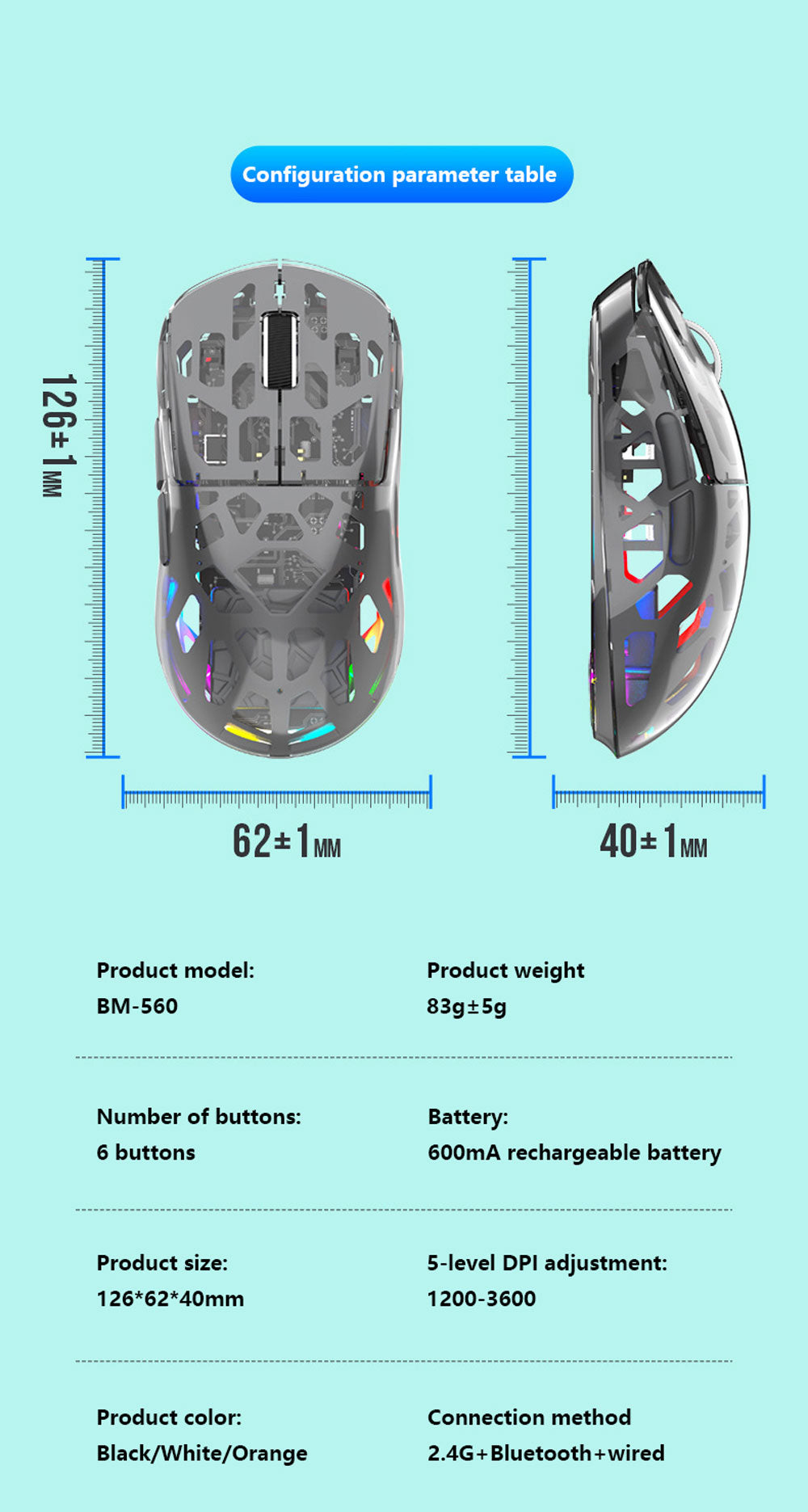 K-Snake BM560 藍牙無線三模鼠標，適用於臺式電腦、筆記本，透明外觀，適合辦公商務場景