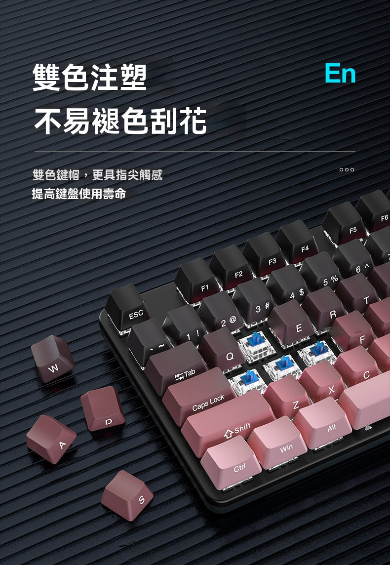 Sangee SKU910 帶有手託的真機械鍵盤，採用有線連接，適用於電競遊戲場景，具備炫彩漸變色效果，帶有旋鈕，並且是側刻鍵設計
