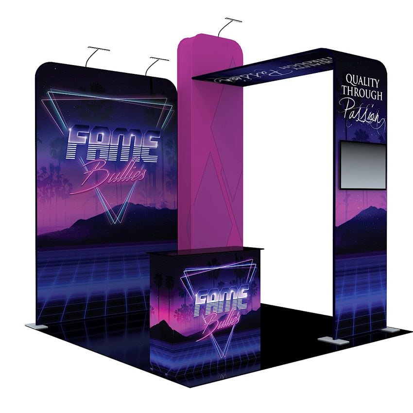 Customized 10ft Portable Trade Show Booth with Counter LED Lights TV Stand Pop Up Display Stand