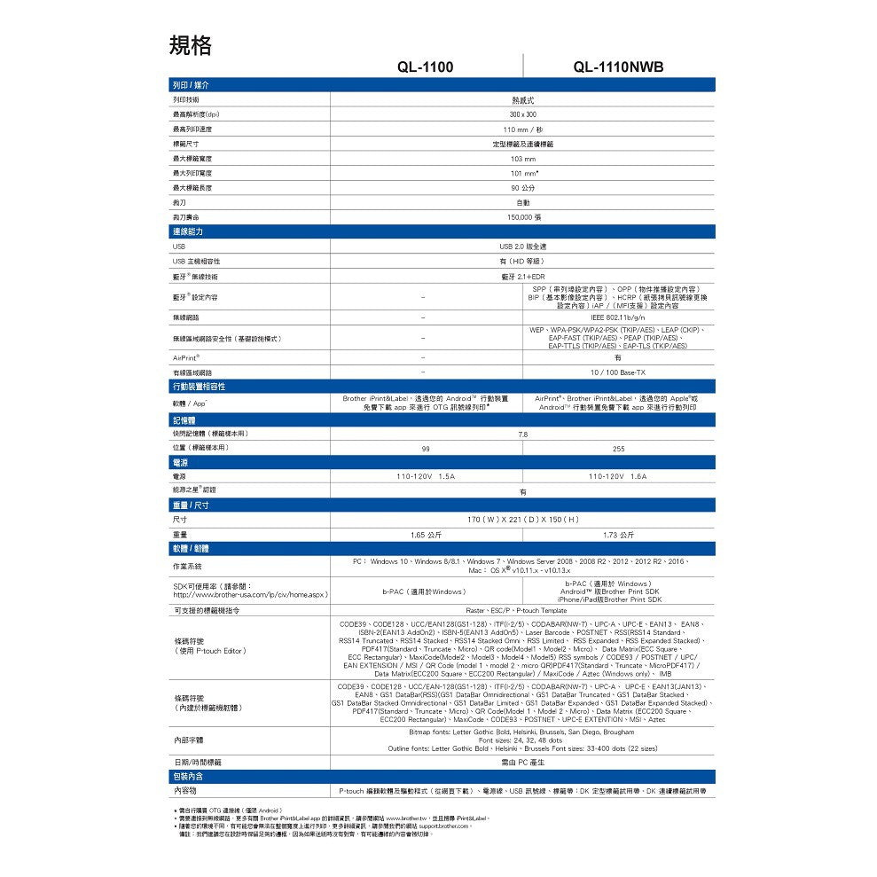 Brother QL-1110NWB 專業大尺寸條碼標籤列印機