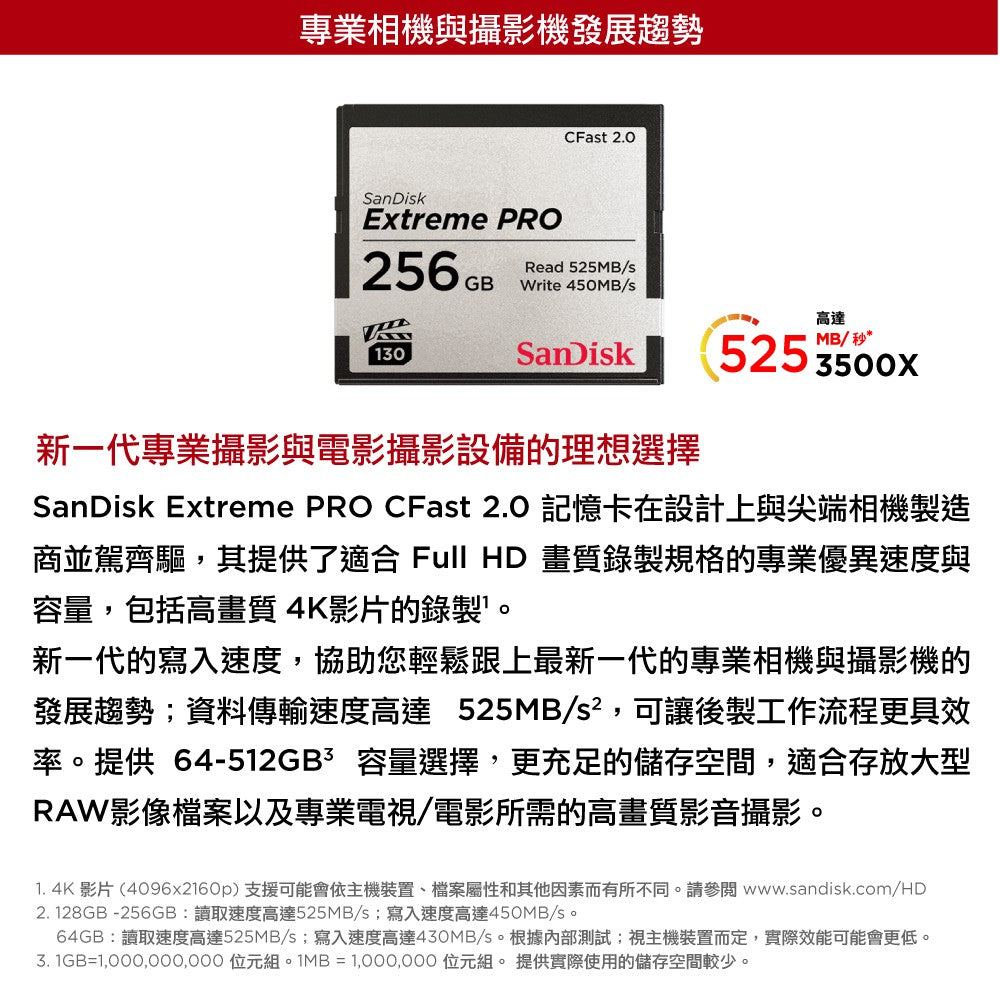 SanDisk Extreme PRO CFast 2.0 256GB 記憶卡 525MB/s CFSP