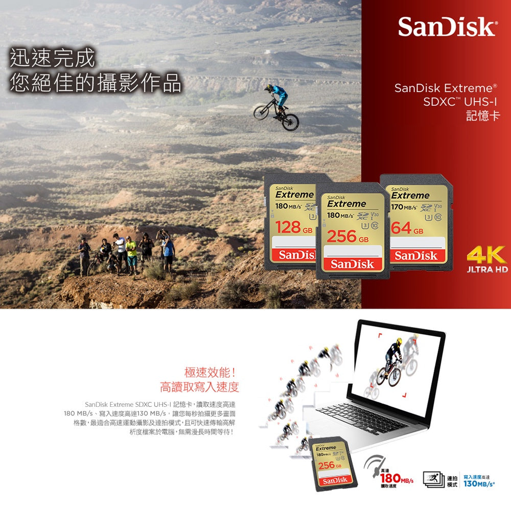 [全面升級]SanDisk Extreme SDXC UHS-1(V30) 256GB 記憶卡 180MB