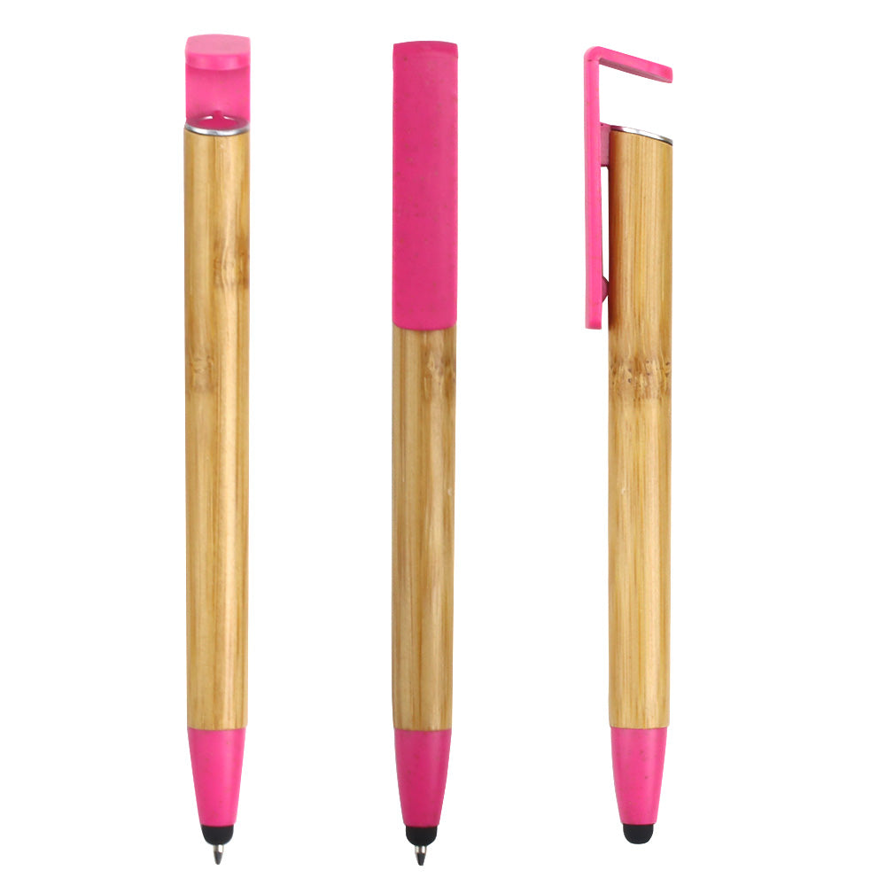 Promotional customized LOGO eco-friendly bamboo ball pen with stylus mobile phone holder gift