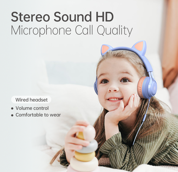 Cute Cat Ears Children's Microphone Line Control Headphones Online Class Headphones EP08