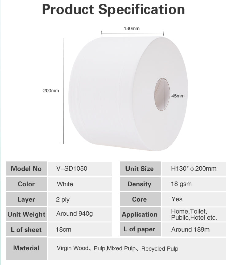 V-SD1050 Eco-friendly, biodegradable, ultra-soft pure wood pulp large roll bamboo toilet paper