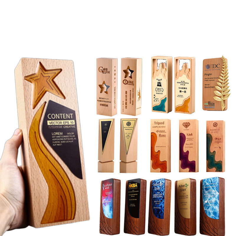 Customized high-quality K9 crystal trophy medal free engraving crystal wooden honor trophy