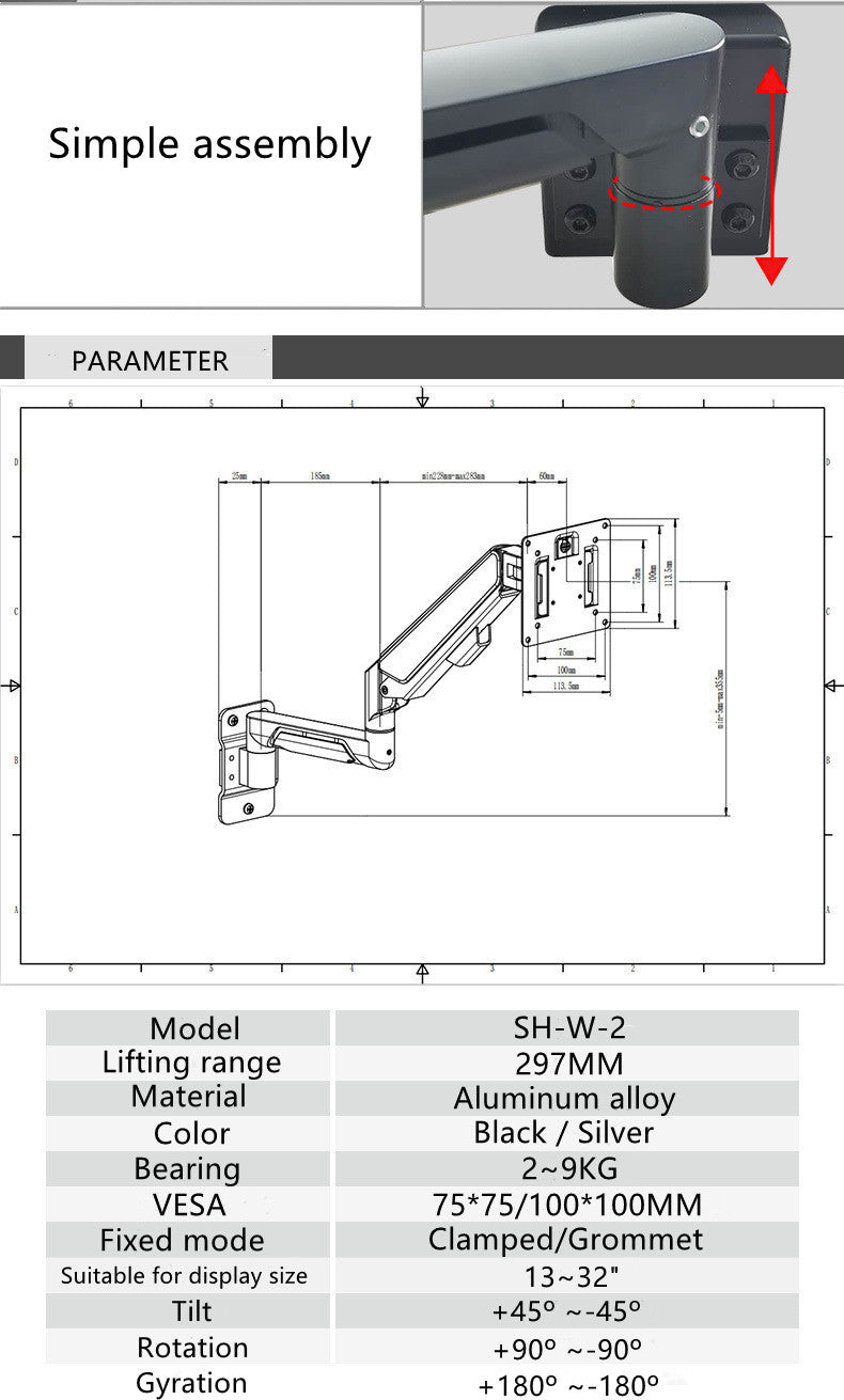 SH-W2-WALL VESA 100x100 Air Spring Fully Dynamic Height Adjustable Unique LCD Monitor Arm Wall Mount Bracket