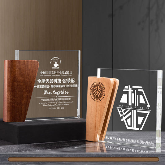 Customized creative exquisite crystal solid wood trophy free engraving wooden crystal trophy