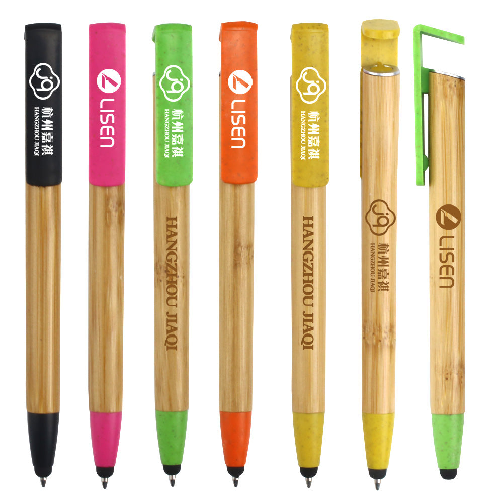 Promotional customized LOGO eco-friendly bamboo ball pen with stylus mobile phone holder gift