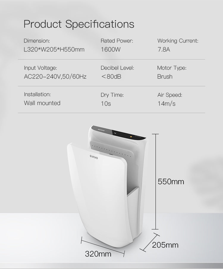 PL-151076 Portable bathroom commercial wall-mounted electric high-speed 1600W ultra-powerful automatic infrared sensor jet hand dryer