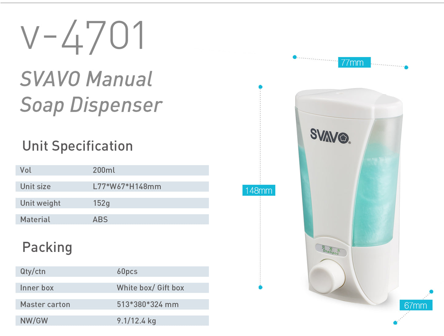 V--4701 Manual Shampoo Shower Gel Soap Dispenser