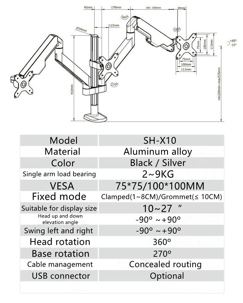 Desktop adjustable monitor gas spring monitor arm single arm installation maximum 9KG and 27" LCD screen