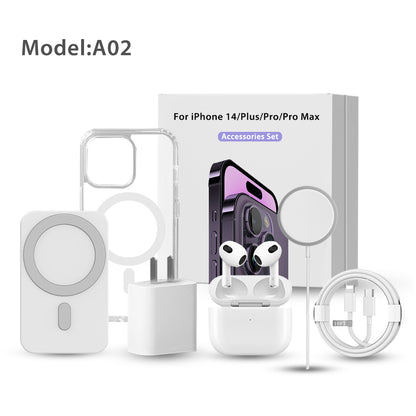 iPhone 14 luxury accessories set including charger, power bank, phone and earphone case