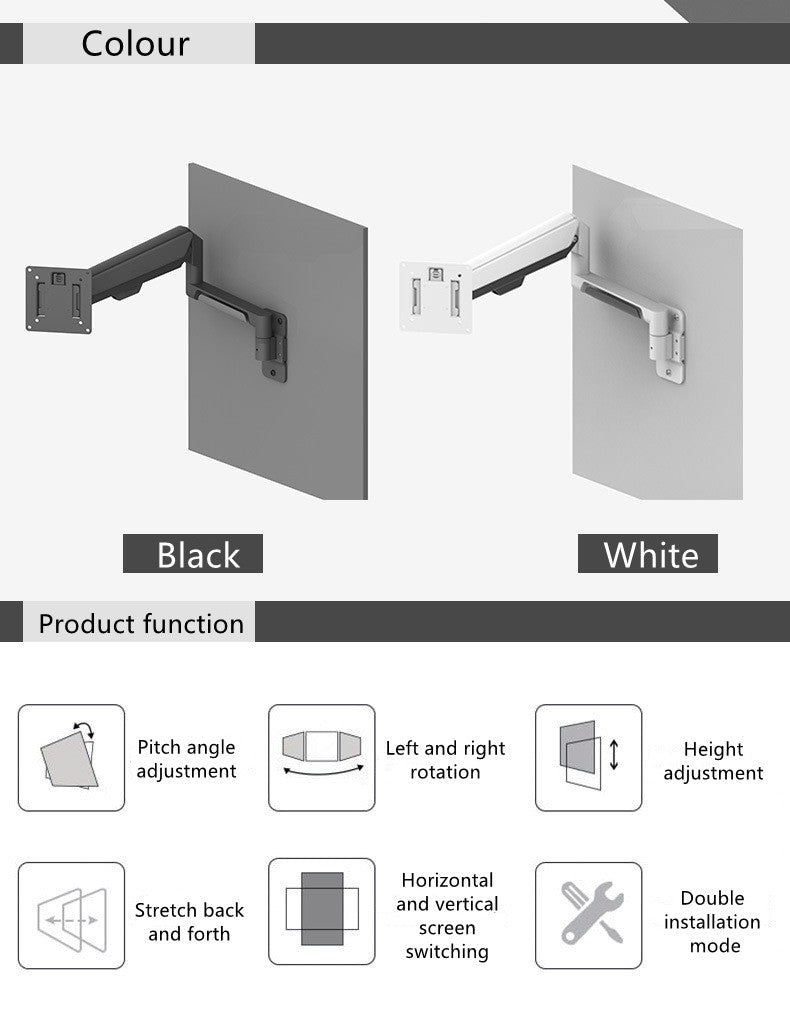 SH-W2-WALL VESA 100x100 Air Spring Fully Dynamic Height Adjustable Unique LCD Monitor Arm Wall Mount Bracket