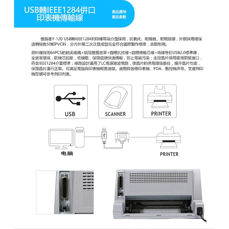 UNITEK USB to CN36-1284 parallel port printer transmission cable (Y-120)